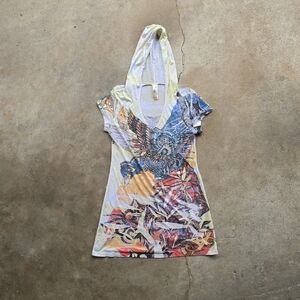 VTG Y2K Hooded Dress Tattoo Grunge Tiger Cyber Bling Rhinestone